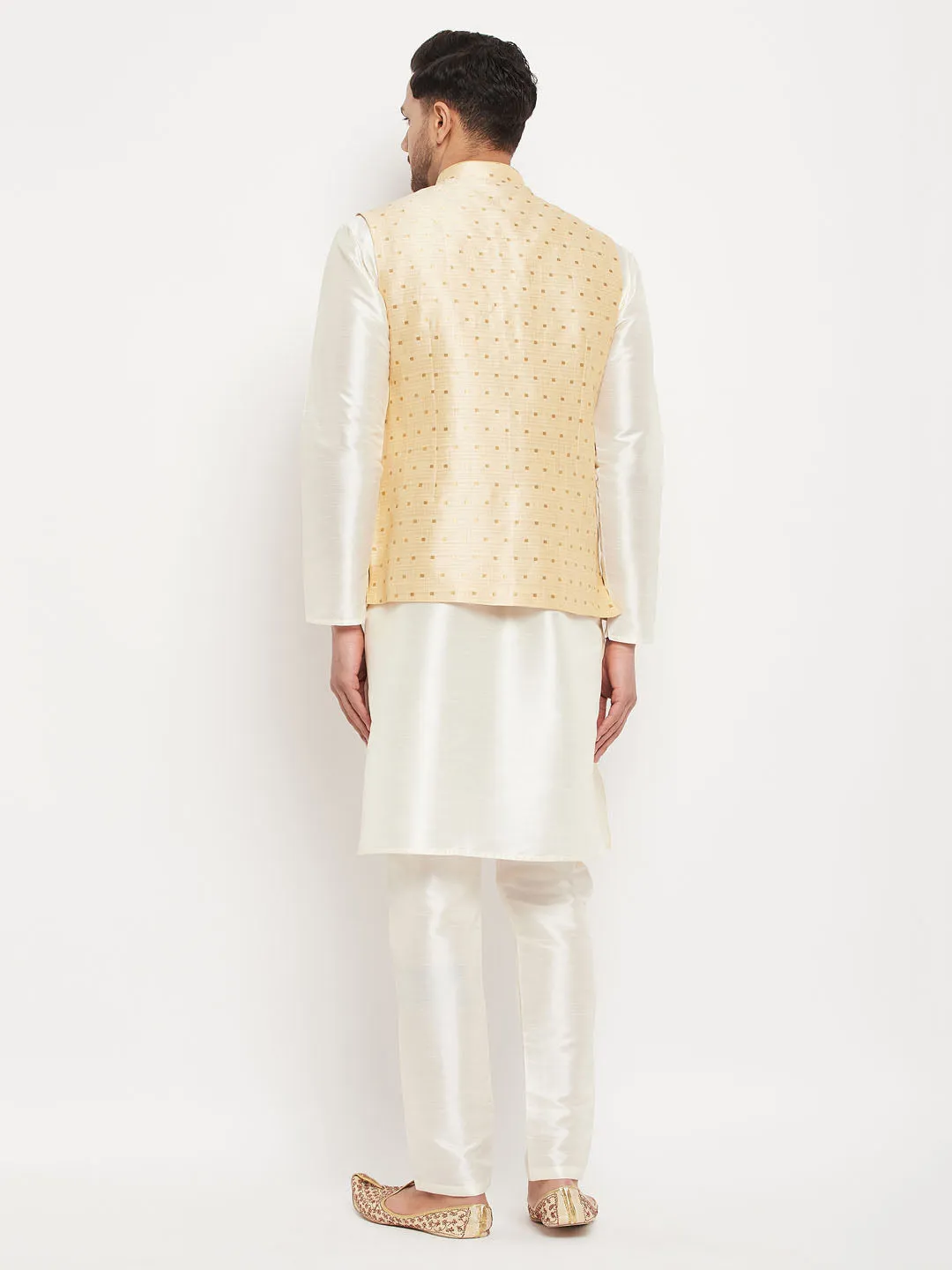 VM BY VASTRAMAY Men's Gold Zari Weaved Jacket With Kurta Pant Set