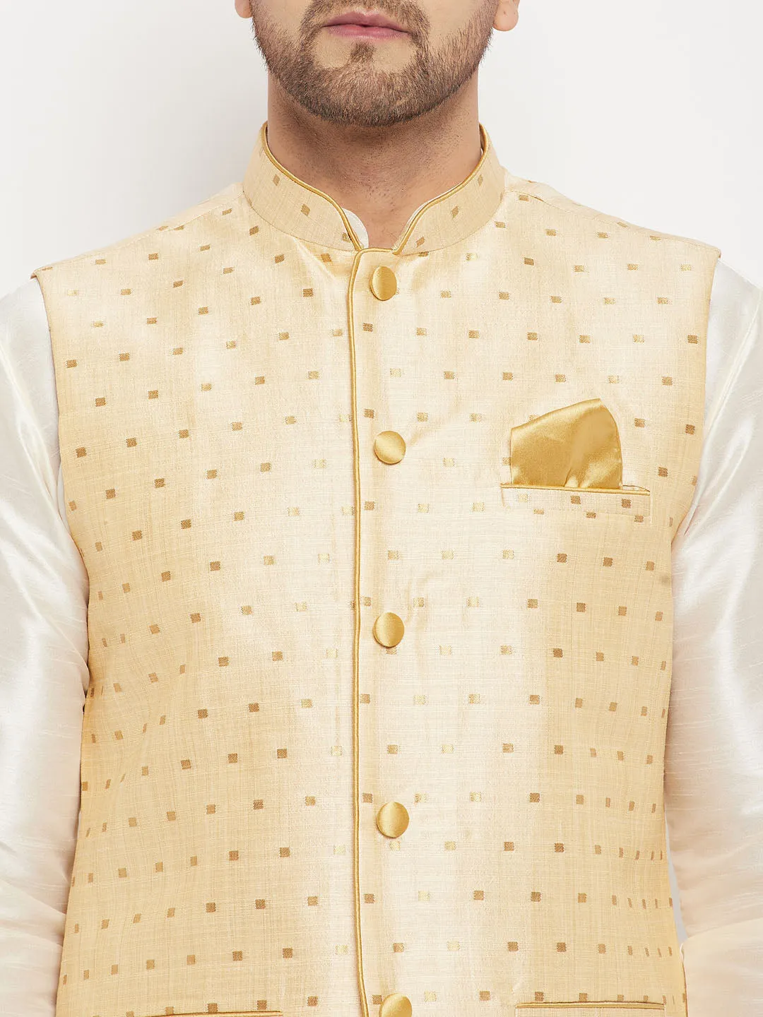 VM BY VASTRAMAY Men's Gold Zari Weaved Jacket With Kurta Pant Set