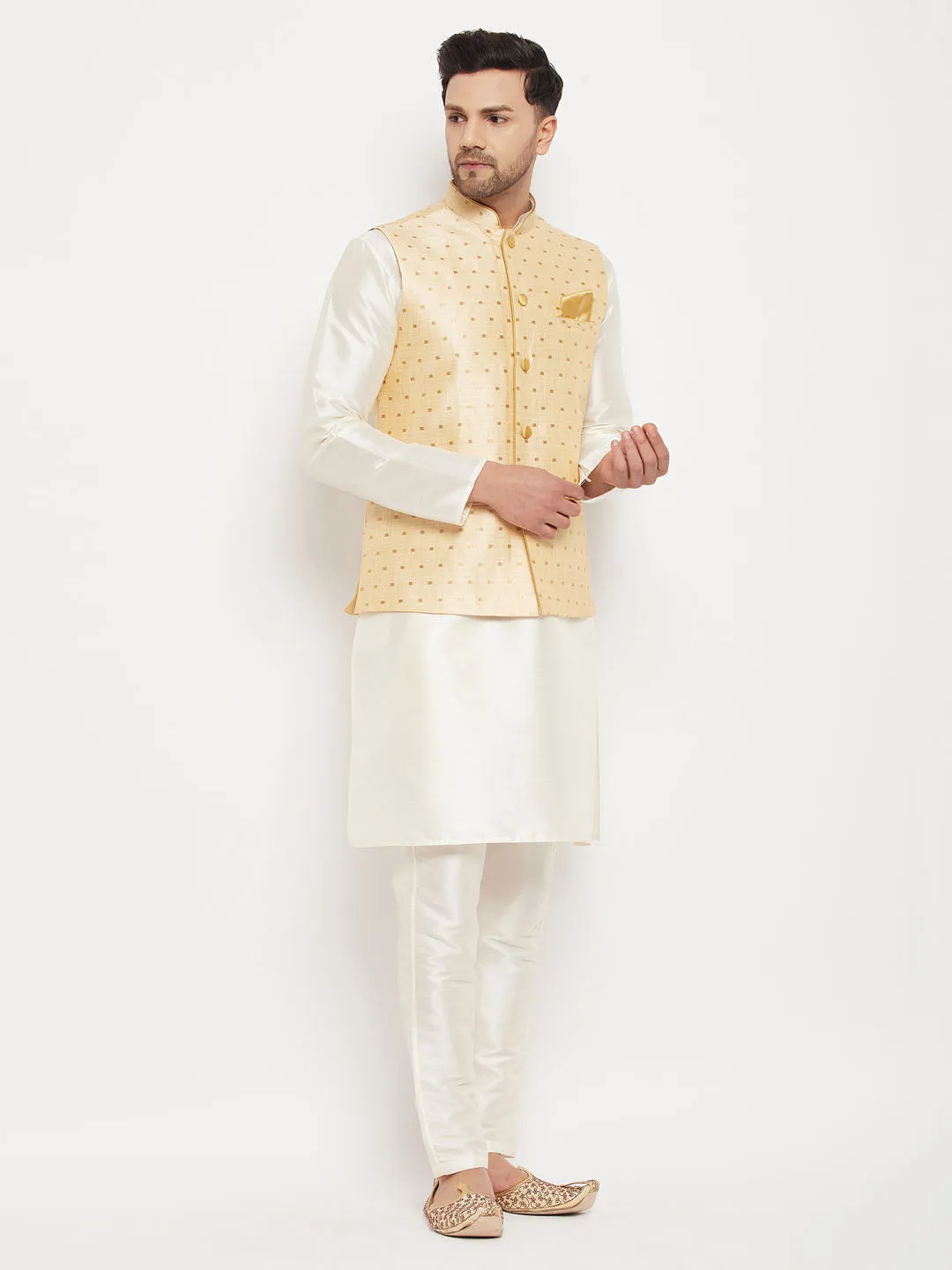 VM BY VASTRAMAY Men's Gold Zari Weaved Jacket With Kurta Pant Set