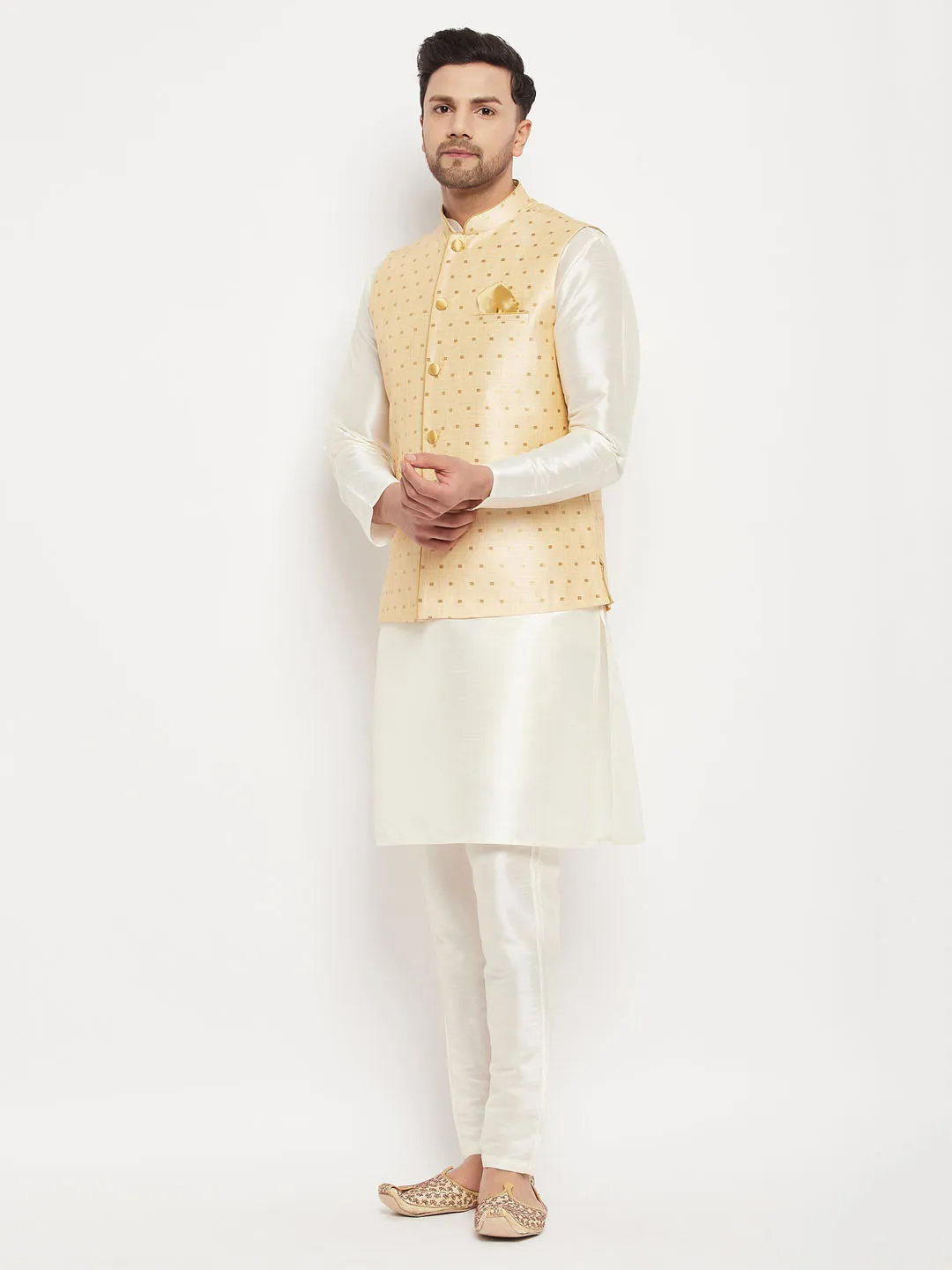 VM BY VASTRAMAY Men's Gold Zari Weaved Jacket With Kurta Pant Set