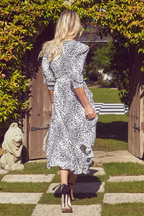 White & Black Animal Print Ruffle Hem Midi Wrap Dress