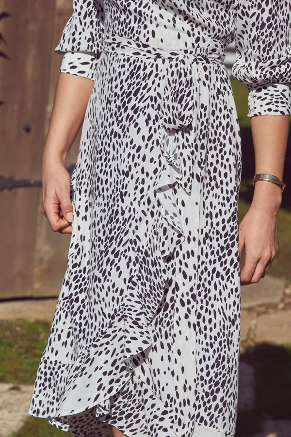 White & Black Animal Print Ruffle Hem Midi Wrap Dress