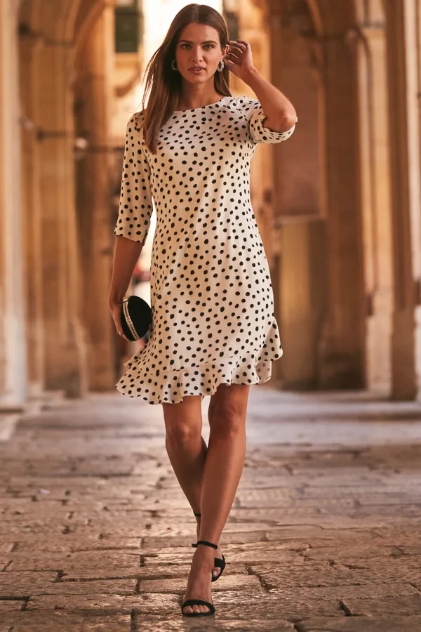 White & Black Spot Print Ruffle Hem Shift Dress