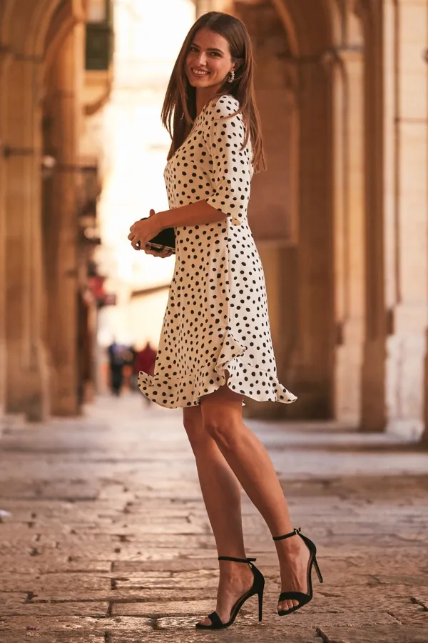 White & Black Spot Print Ruffle Hem Shift Dress