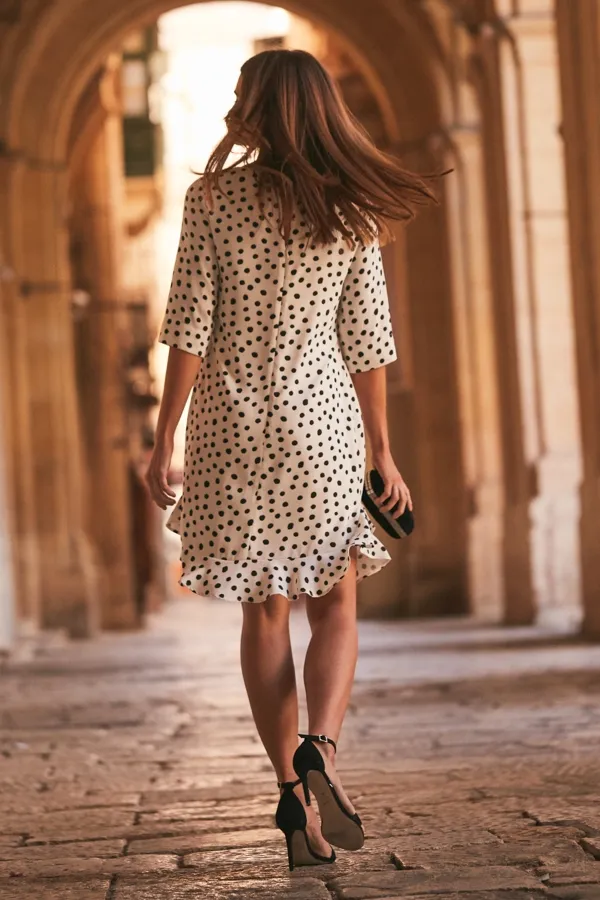 White & Black Spot Print Ruffle Hem Shift Dress