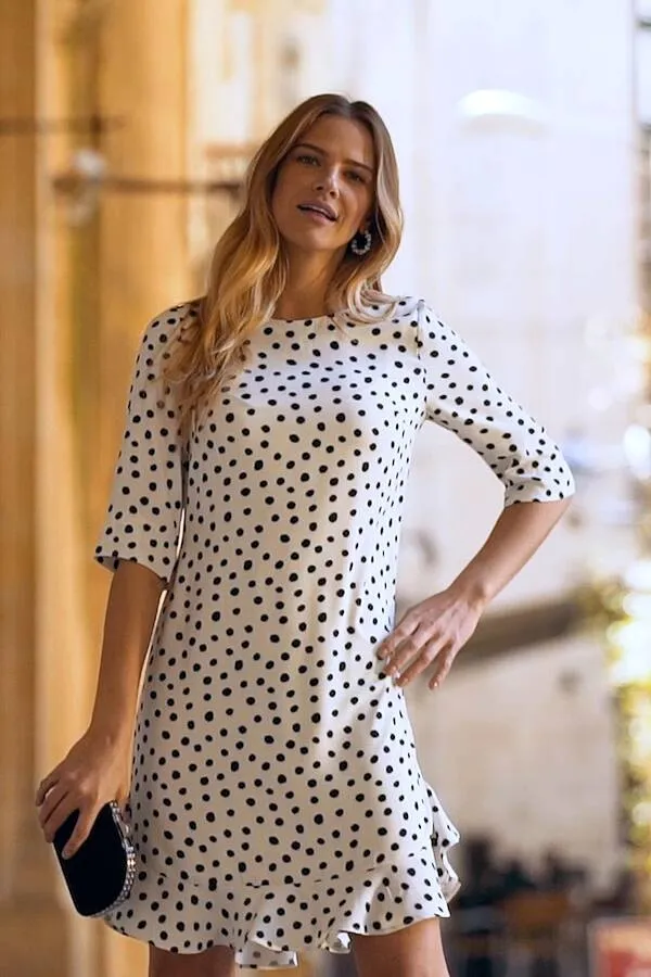 White & Black Spot Print Ruffle Hem Shift Dress