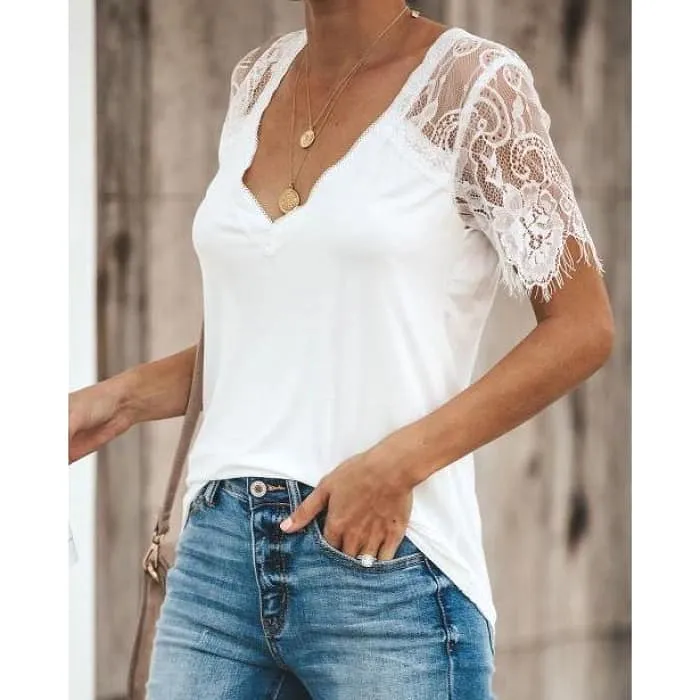 White Lace Sleeve V-Neck