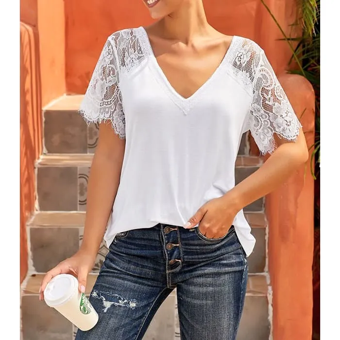 White Lace Sleeve V-Neck