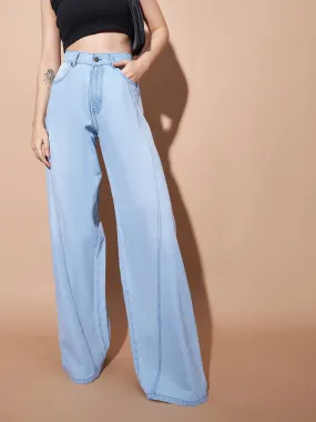 Women Ice Blue Seam Detail Wide Leg Jeans