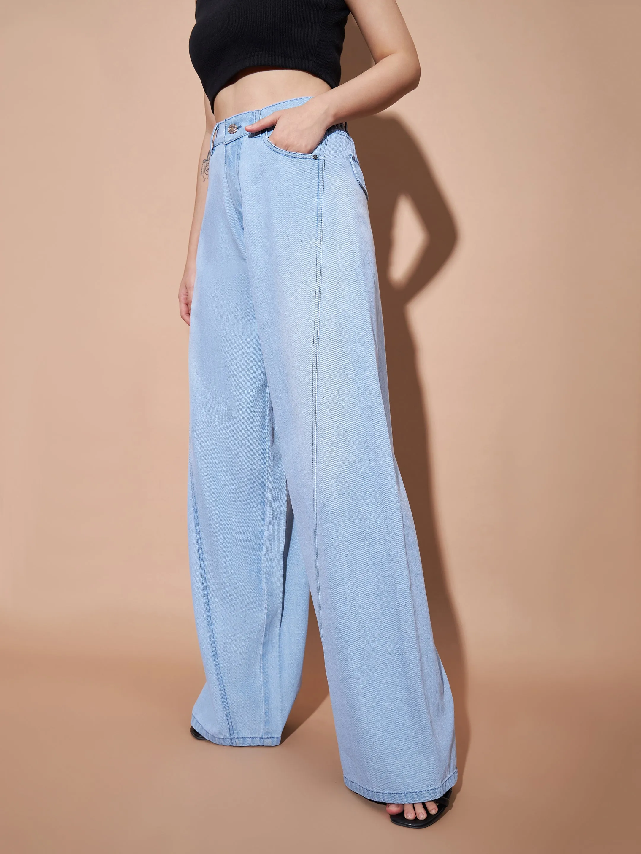 Women Ice Blue Seam Detail Wide Leg Jeans