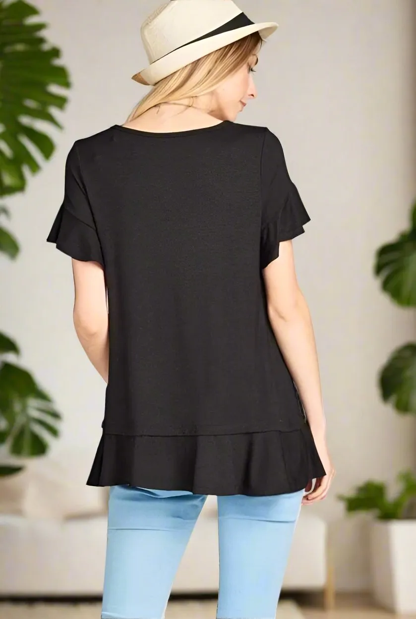 Womens Ruffle Hem Black Top, Short Sleeve Shirt, Sizes S/M/L, Solid Black