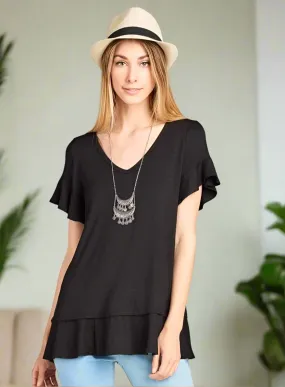 Womens Ruffle Hem Black Top, Short Sleeve Shirt, Sizes S/M/L, Solid Black