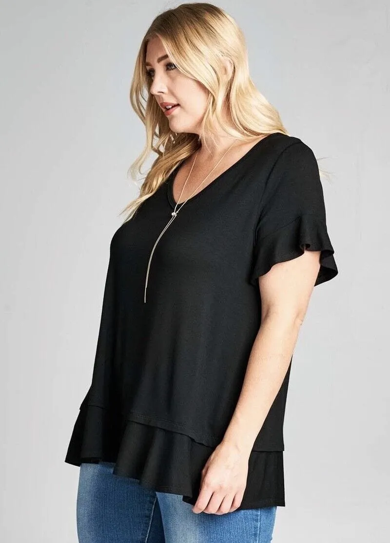 Womens Ruffle Hem Black Top, Short Sleeve Shirt, Sizes S/M/L, Solid Black