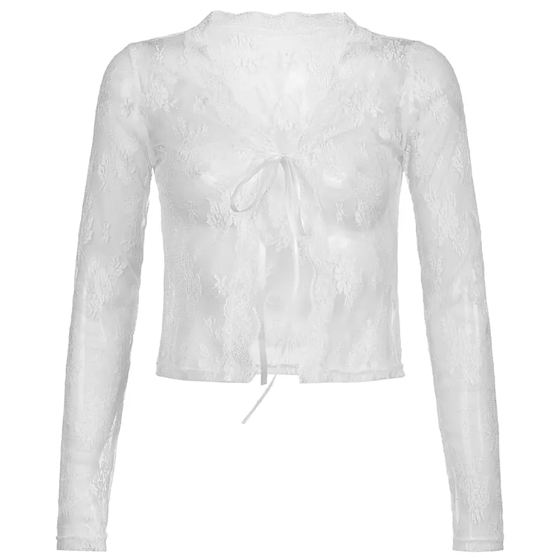 Women's See-Through Transparent Lace V Neck Long Sleeve Front Tie Shirt