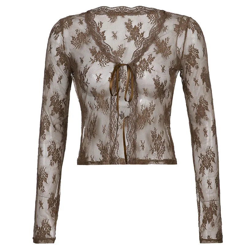 Women's See-Through Transparent Lace V Neck Long Sleeve Front Tie Shirt