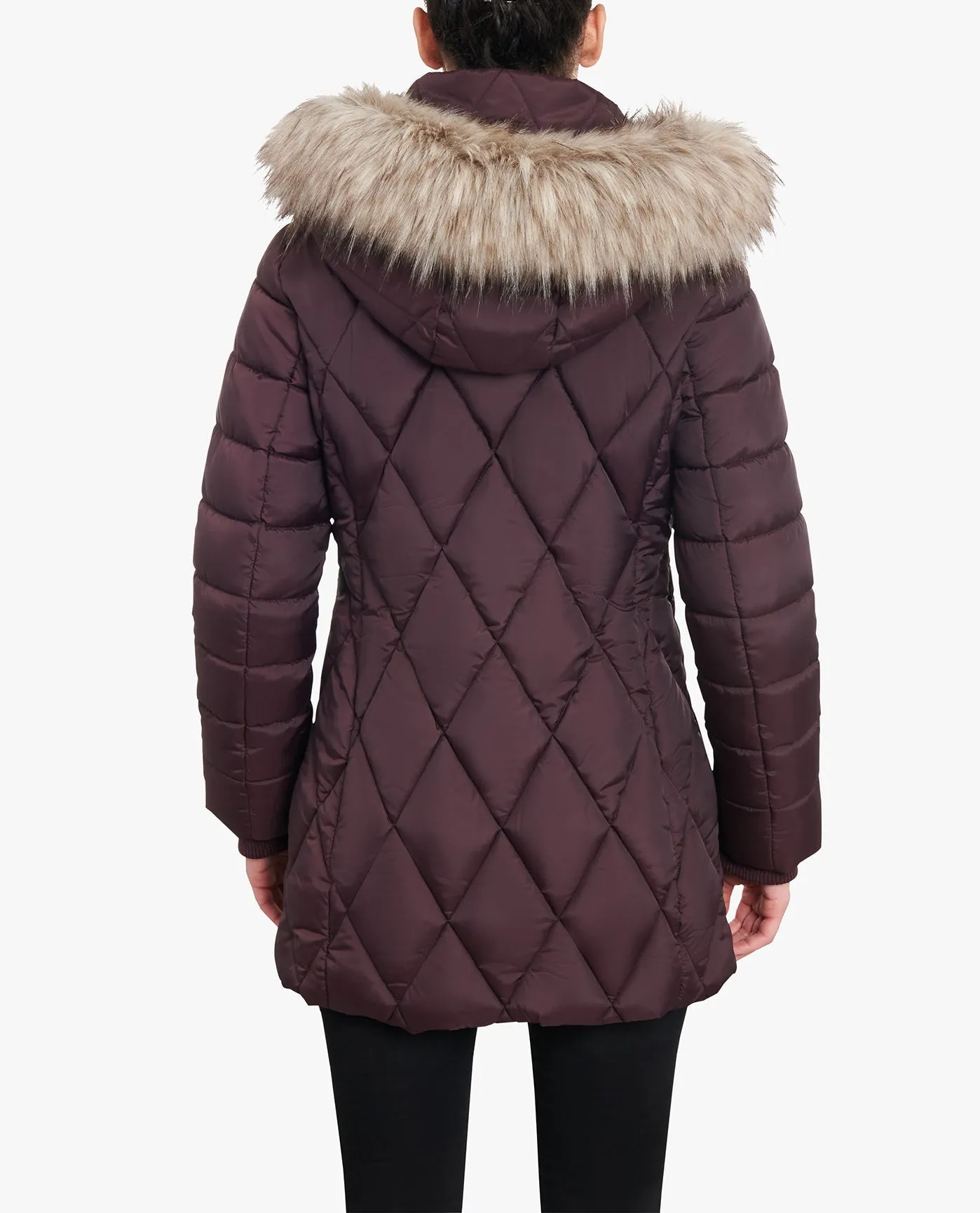 ZIP-FRONT DIAMOND QUILTED JACKET WITH ZIP-OFF FUR TRIM HOOD