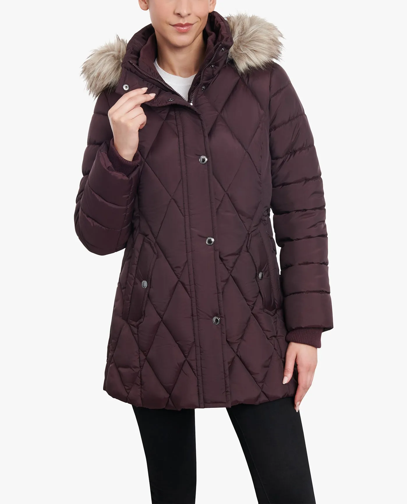 ZIP-FRONT DIAMOND QUILTED JACKET WITH ZIP-OFF FUR TRIM HOOD