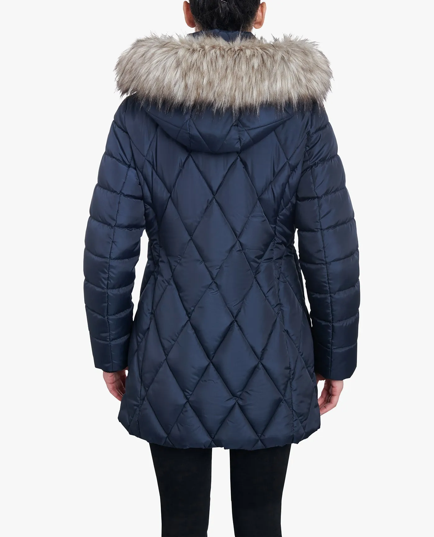 ZIP-FRONT DIAMOND QUILTED JACKET WITH ZIP-OFF FUR TRIM HOOD